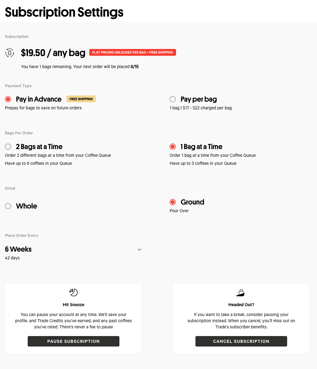 Trade Coffee Subscription Settings